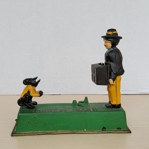 Vintage Reproduction Mechanical Cast Iron Monkey Penny Bank
